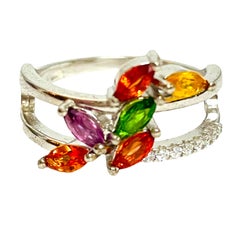 New 925 Sterling Silver  Multi-gemstone Marquise Necklace Ring Size 6.75