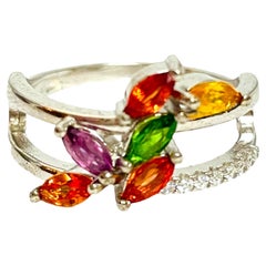 New 925 Sterling Silver  Multi-gemstone Marquise Necklace Ring Size 6.75