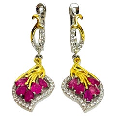 New 925 Sterling Silver Natural Pink Ruby & White CZ 2-Tone Earrings