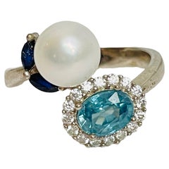 New 925 Sterling Silver Natural White Pearl, Topaz, Sapphire & White CZ Ring