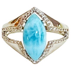 New 925 Sterling Silver White Gold Plate Unheated Marquise Larimar Ring