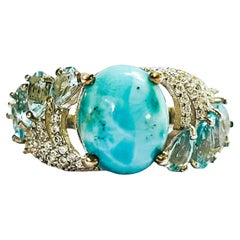 New 925 Sterling Silver White Gold Plated Larimar & Aquamarine Ring