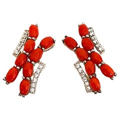New 925 Sterling Silver White Gold Plated Natural Oval Coral from Italy Earring