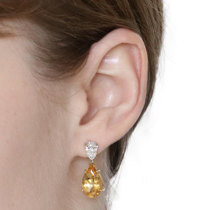 9.41 Carat Pear Cut Yellow Danburite and Diamond Earrings, 18k Gold Custom GIA In New Condition In Greensboro, NC