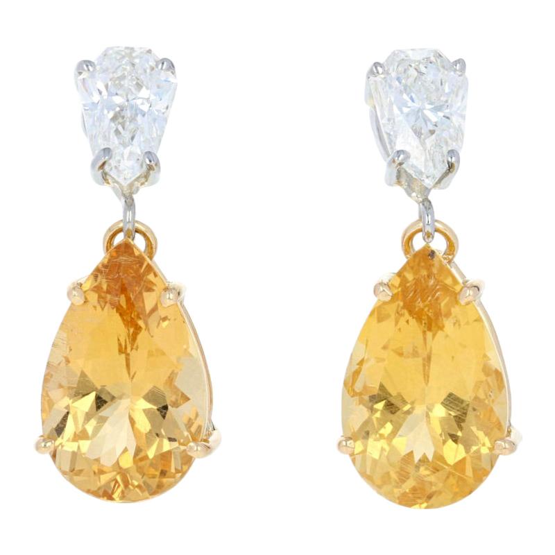 9.41 Carat Pear Cut Yellow Danburite and Diamond Earrings, 18k Gold Custom GIA