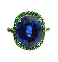 Anillo nuevo de plata de ley con zafiro azul de 9,5 quilates y tsavorita tallada con diamantes, talla 7,5