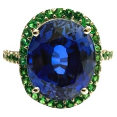 Anillo nuevo de plata de ley con zafiro azul de 9,5 quilates y tsavorita tallada con diamantes, talla 7,5