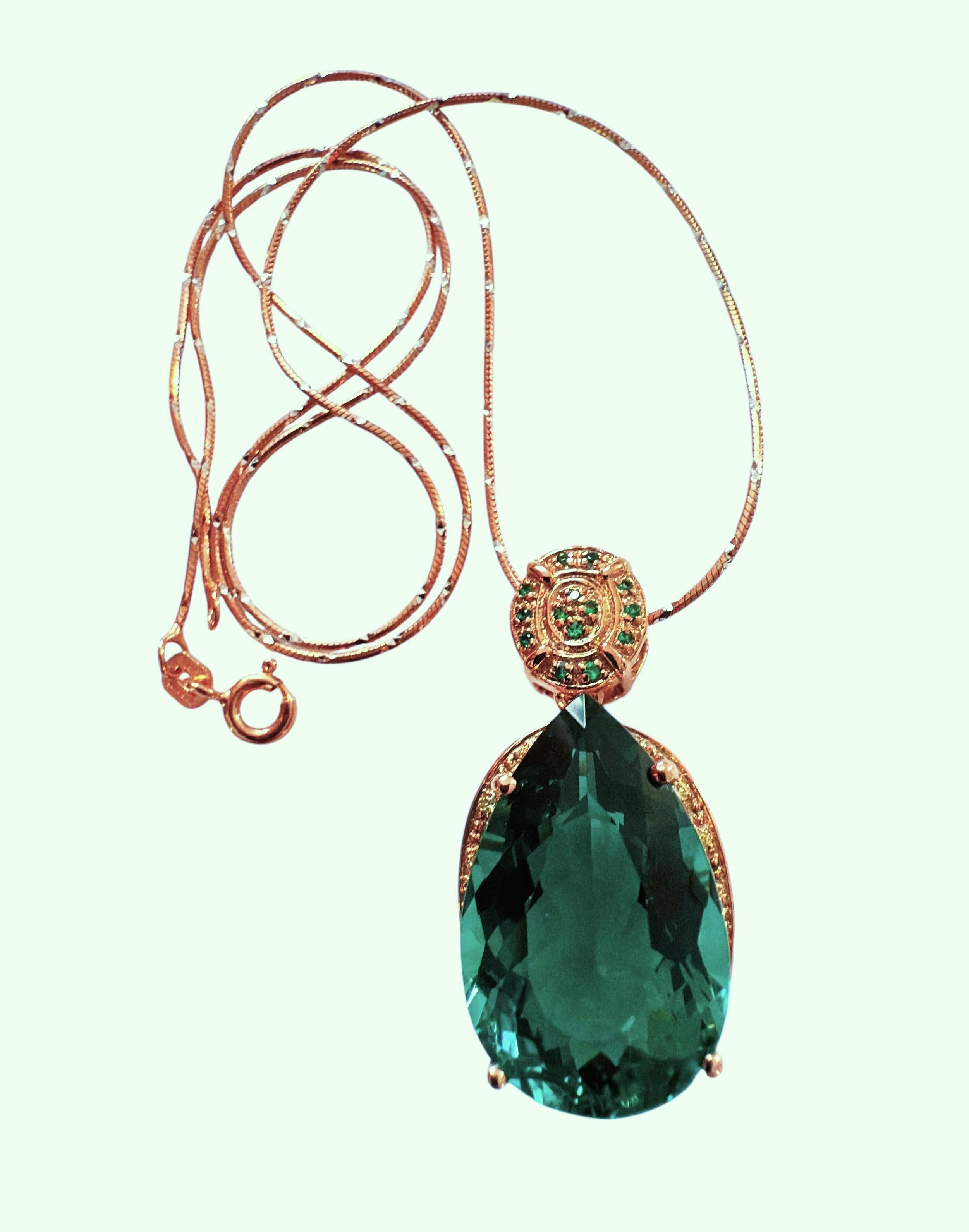 Art Deco New 9.7 Carat Green Tourmaline & Diamond Cut Sapphire R Gold PL Sterling Necklac For Sale
