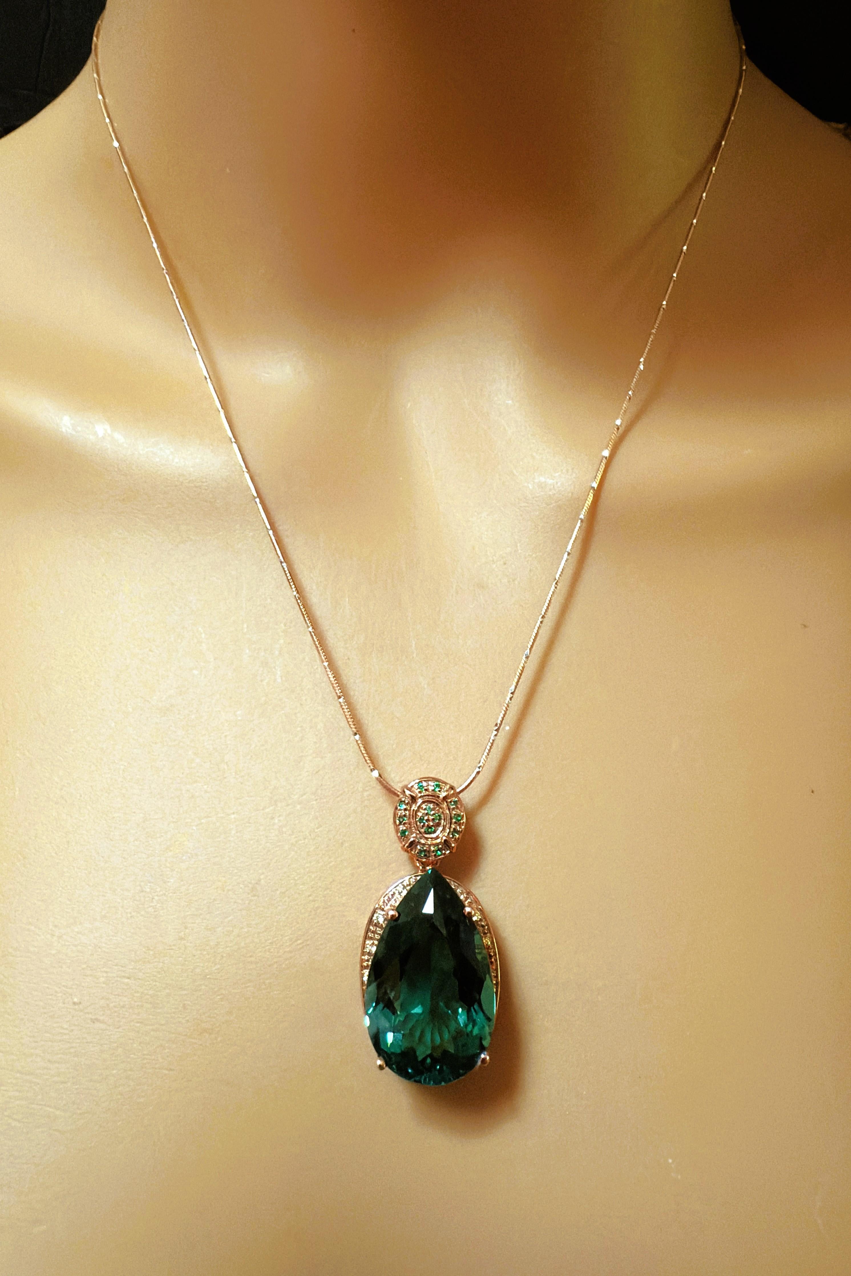 Pear Cut New 9.7 Carat Green Tourmaline & Diamond Cut Sapphire R Gold PL Sterling Necklac For Sale
