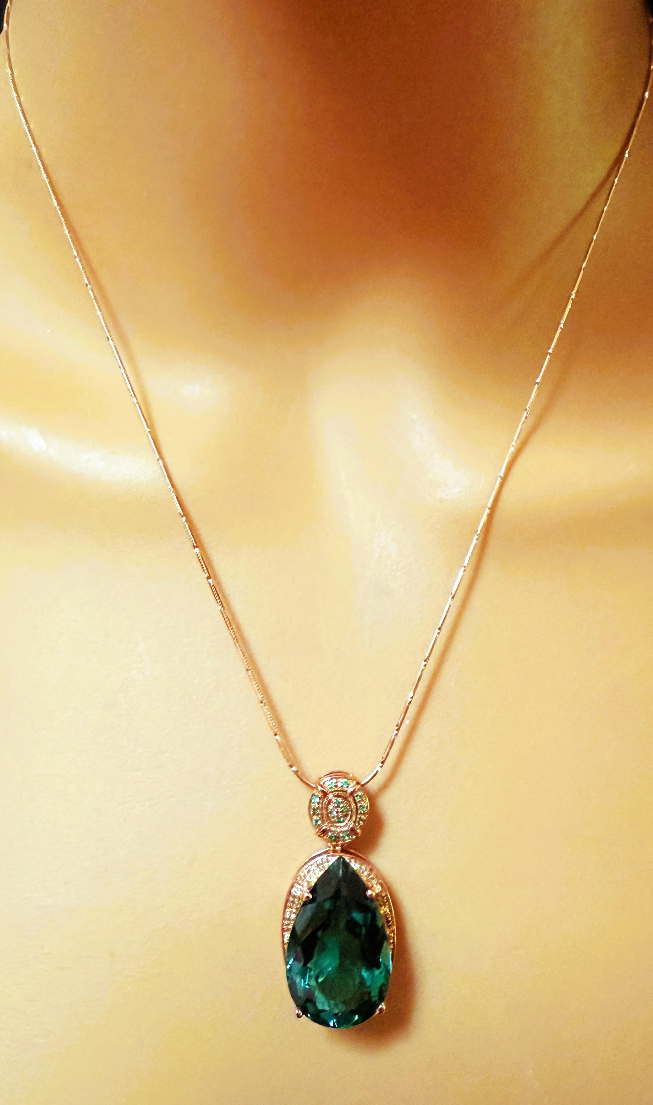 New 9.7 Carat Green Tourmaline & Diamond Cut Sapphire R Gold PL Sterling Necklac In New Condition For Sale In Eagan, MN