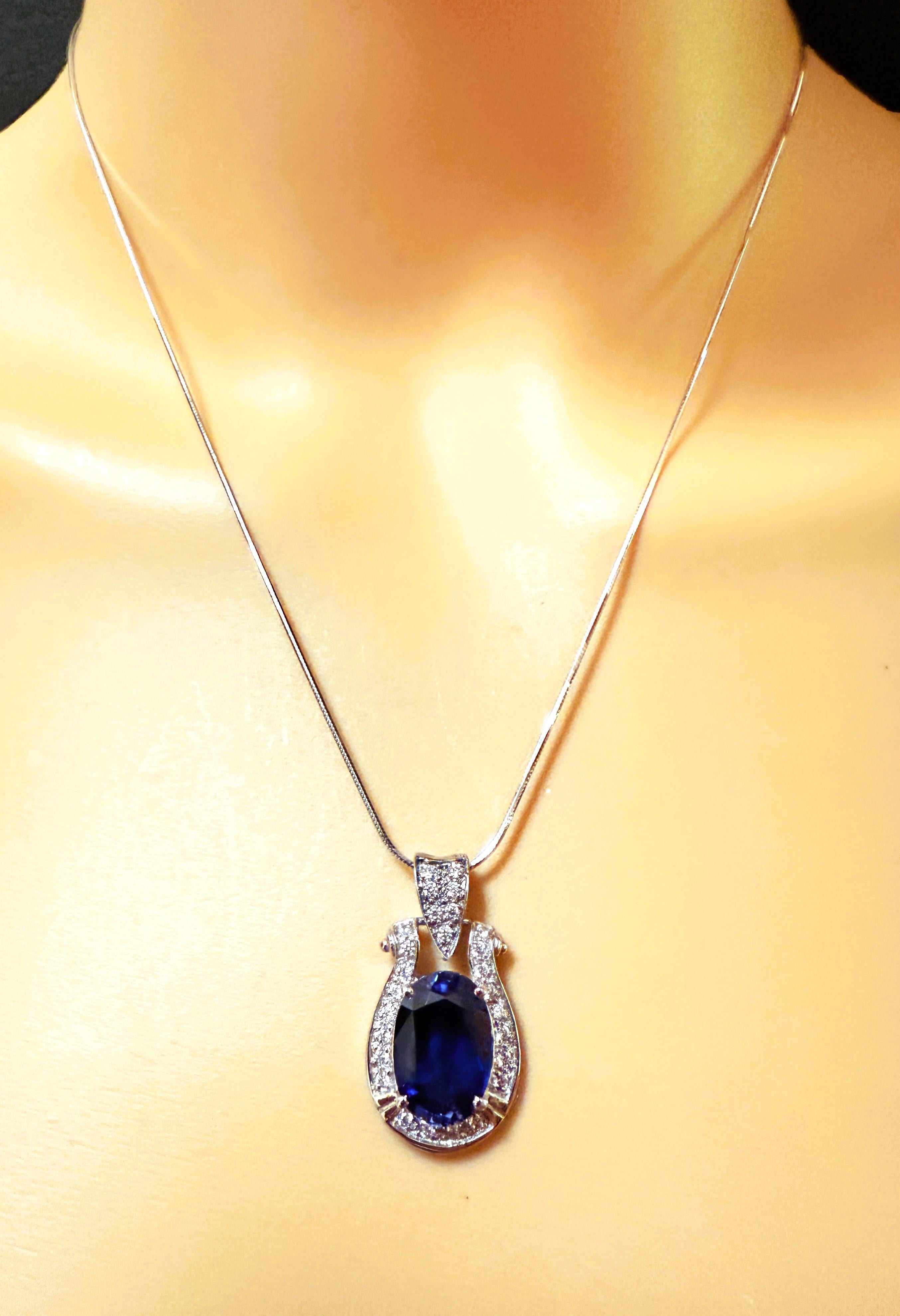 Oval Cut New 9.70 Carat Blue Sapphire & Diamond Cut Sapphire Sterling Necklace For Sale