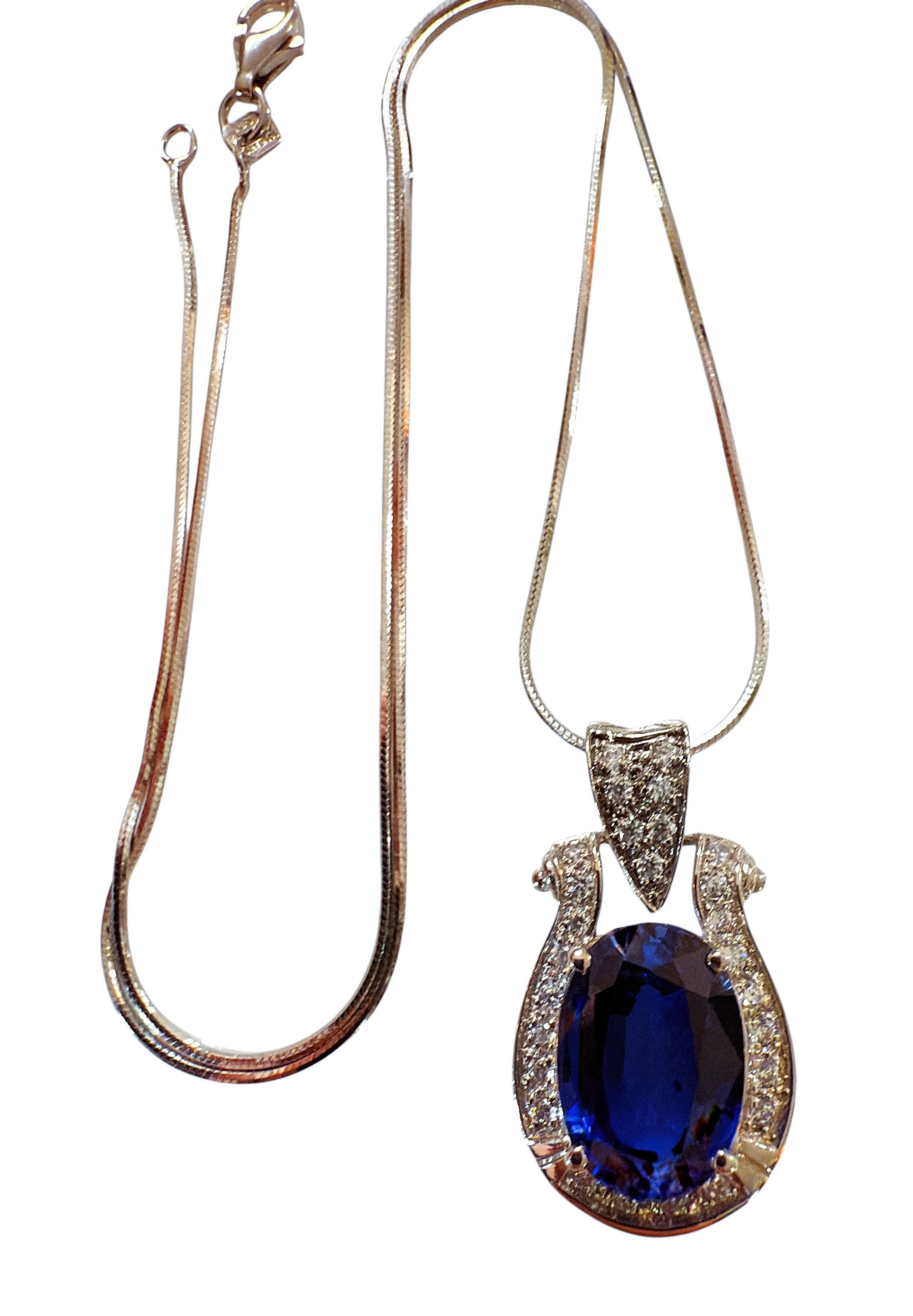 New 9.70 Carat Blue Sapphire & Diamond Cut Sapphire Sterling Necklace For Sale 3