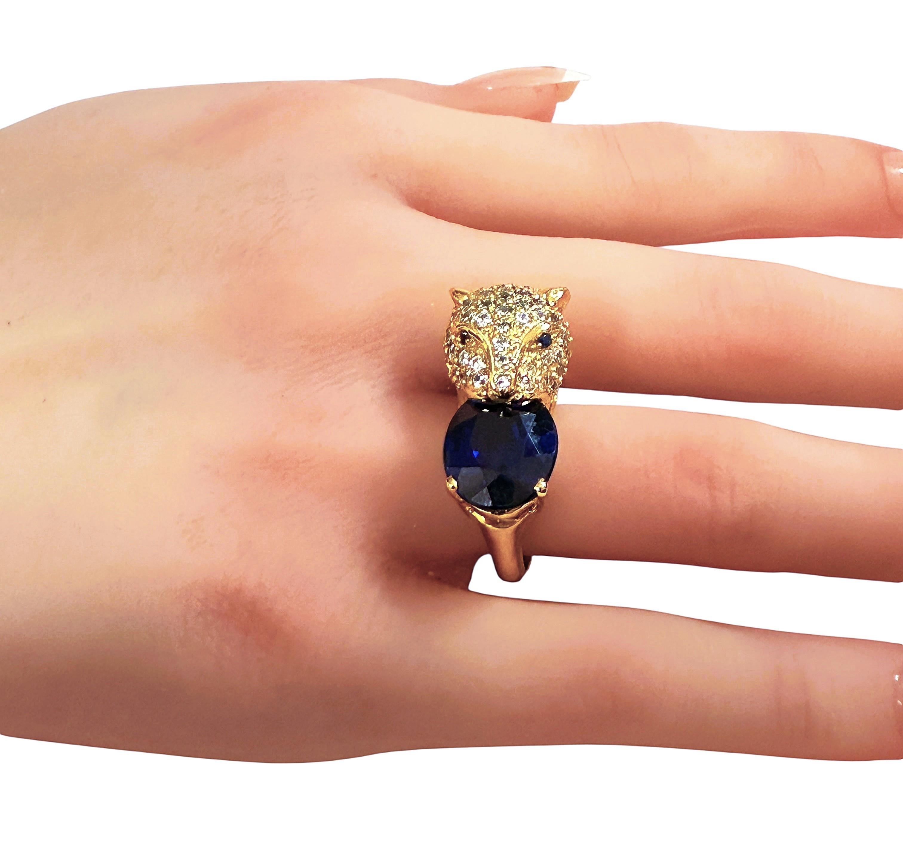 New 9.70 Carat Oval & Diamond Cut Sapphire Leopard Y Gold PL Sterling Ring For Sale 4