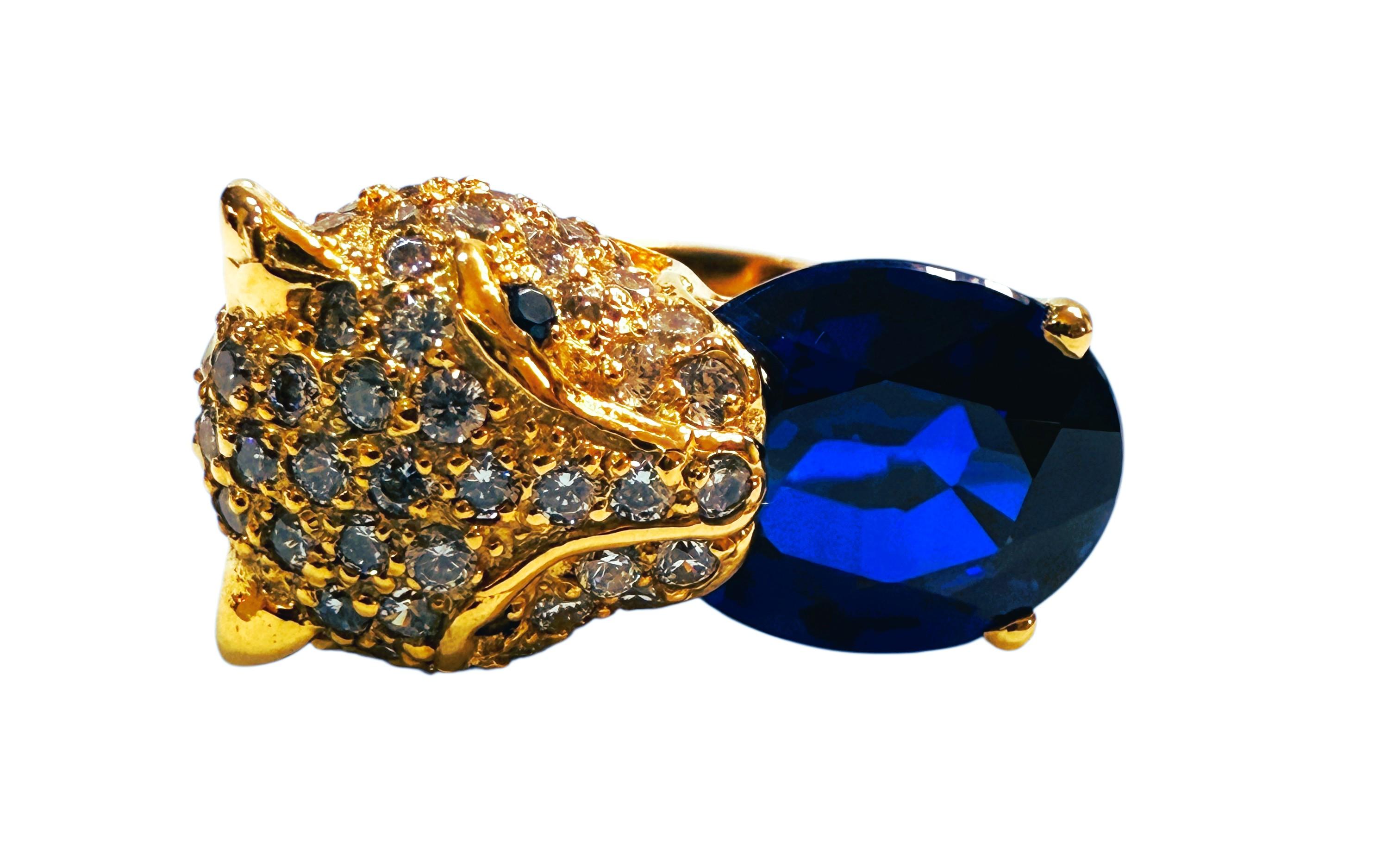 This is just a very cool whimsical ring.  It is handmade and the stones are from Sri Lanka. The main stone is an oval Blue Sapphire that is 9.70 carats and it has diamond cut light blue sapphires on the Leopards head with 2 dark blue sapphires for
