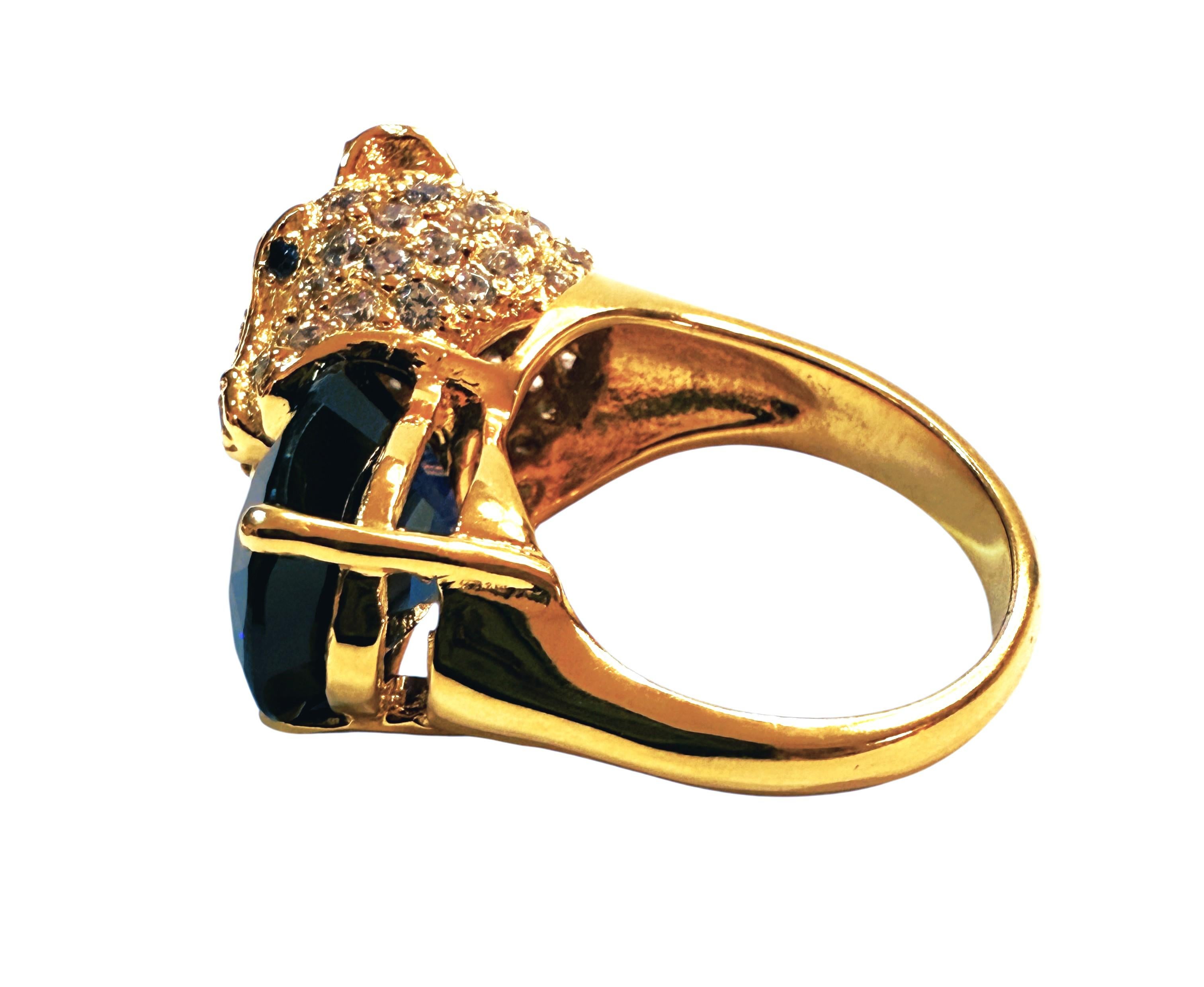 Art Deco New 9.70 Carat Oval & Diamond Cut Sapphire Leopard Y Gold PL Sterling Ring For Sale
