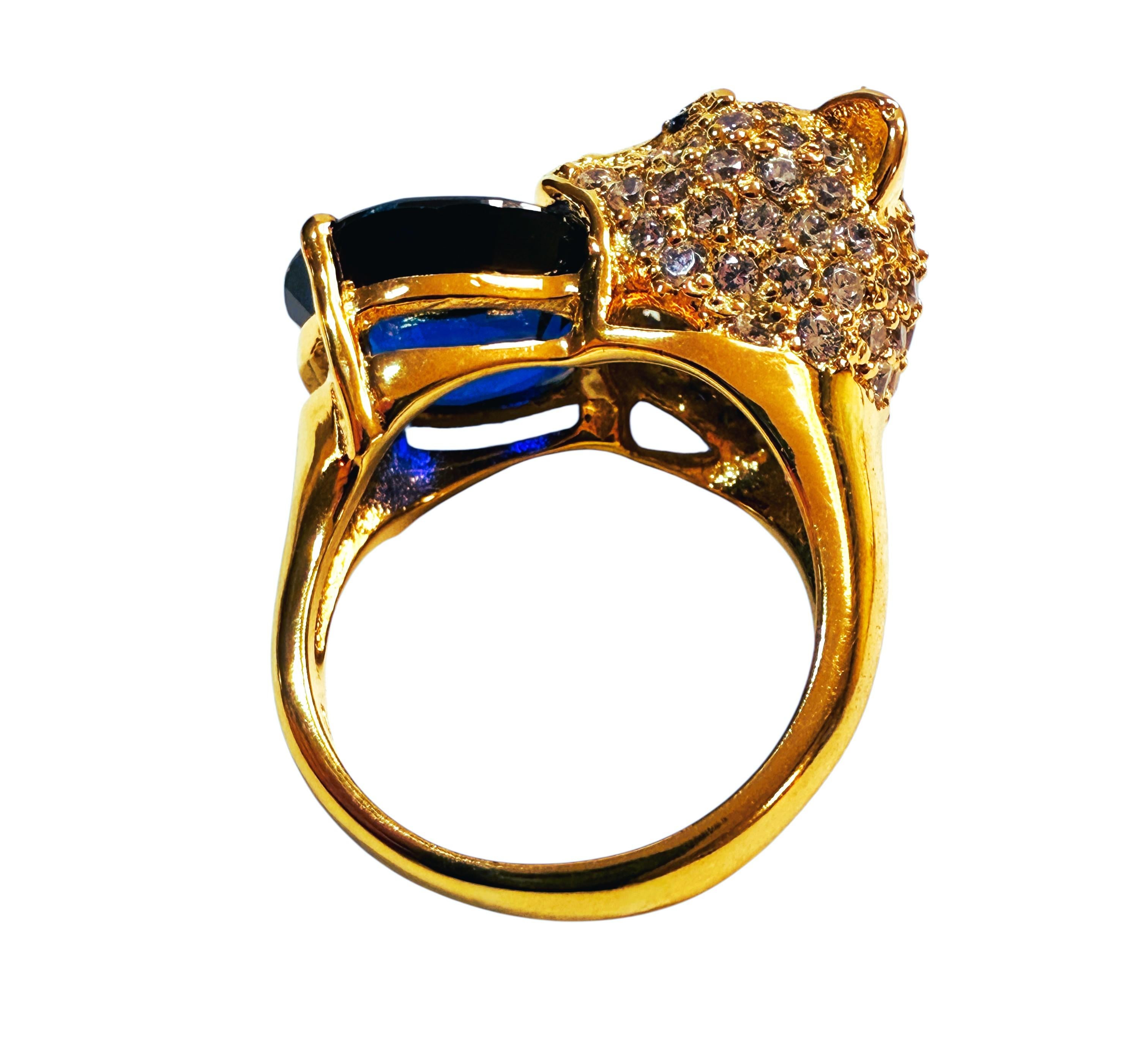 Oval Cut New 9.70 Carat Oval & Diamond Cut Sapphire Leopard Y Gold PL Sterling Ring For Sale