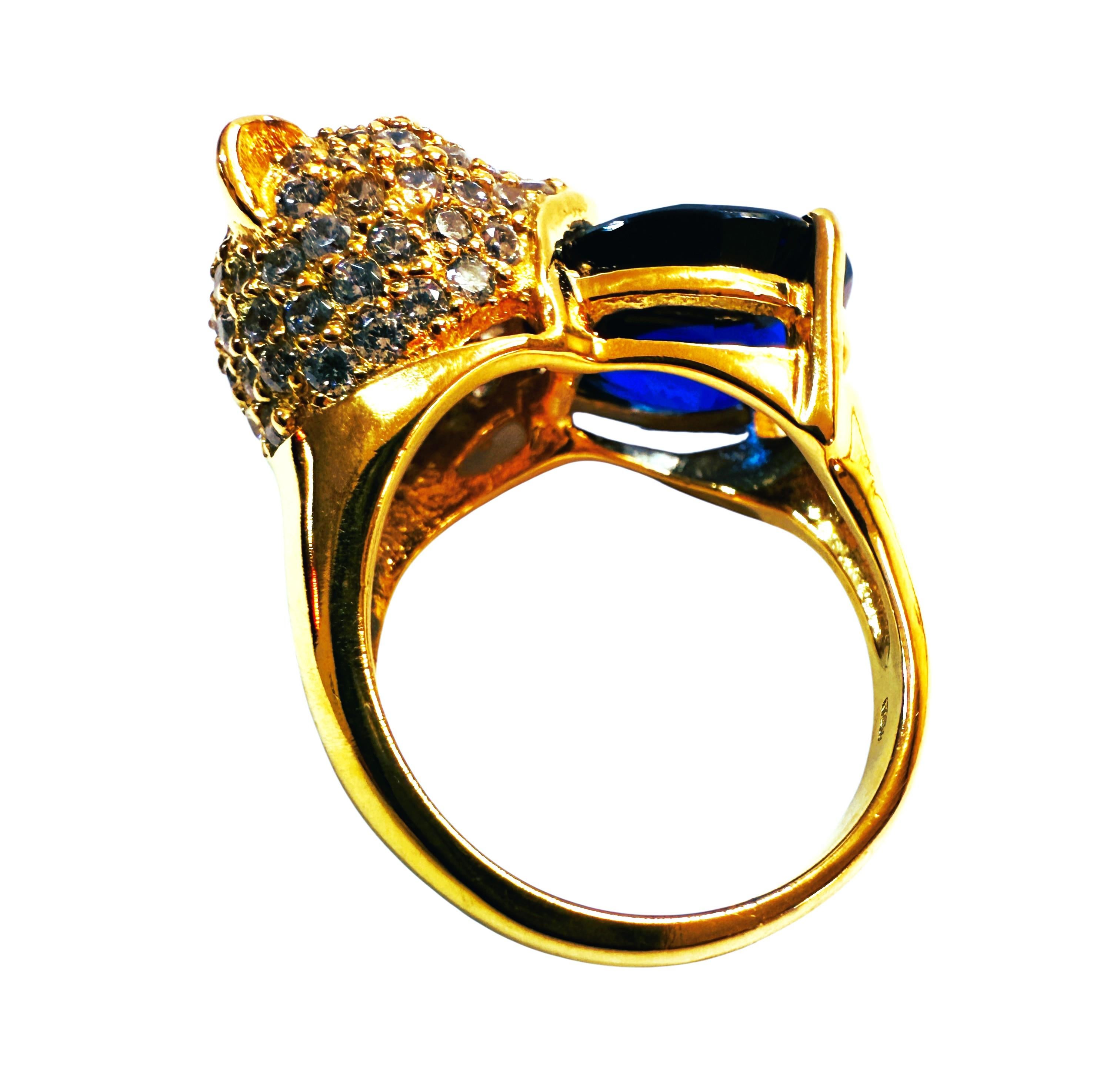 New 9.70 Carat Oval & Diamond Cut Sapphire Leopard Y Gold PL Sterling Ring In New Condition For Sale In Eagan, MN