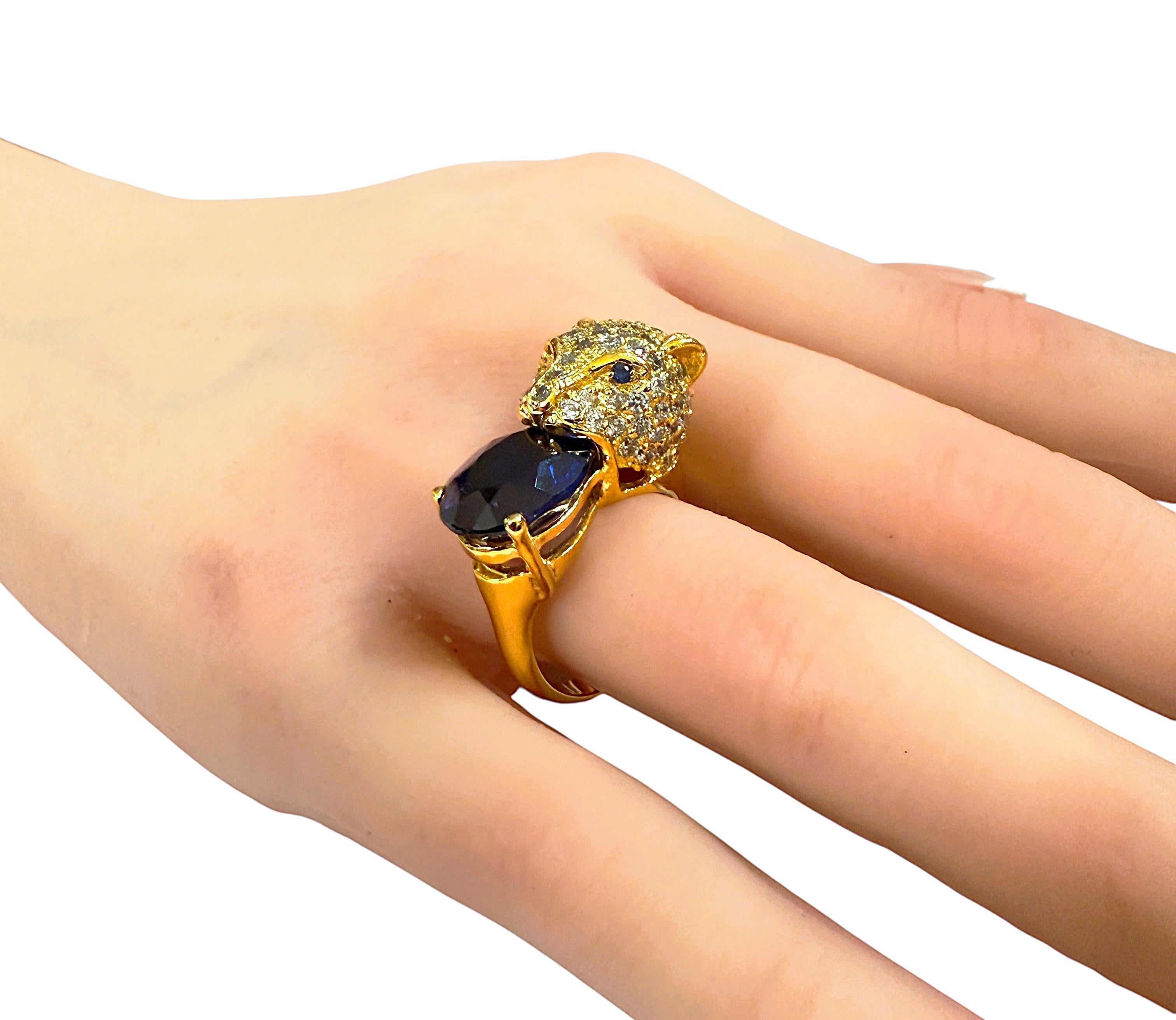 New 9.70 Carat Oval & Diamond Cut Sapphire Leopard Y Gold PL Sterling Ring For Sale 1