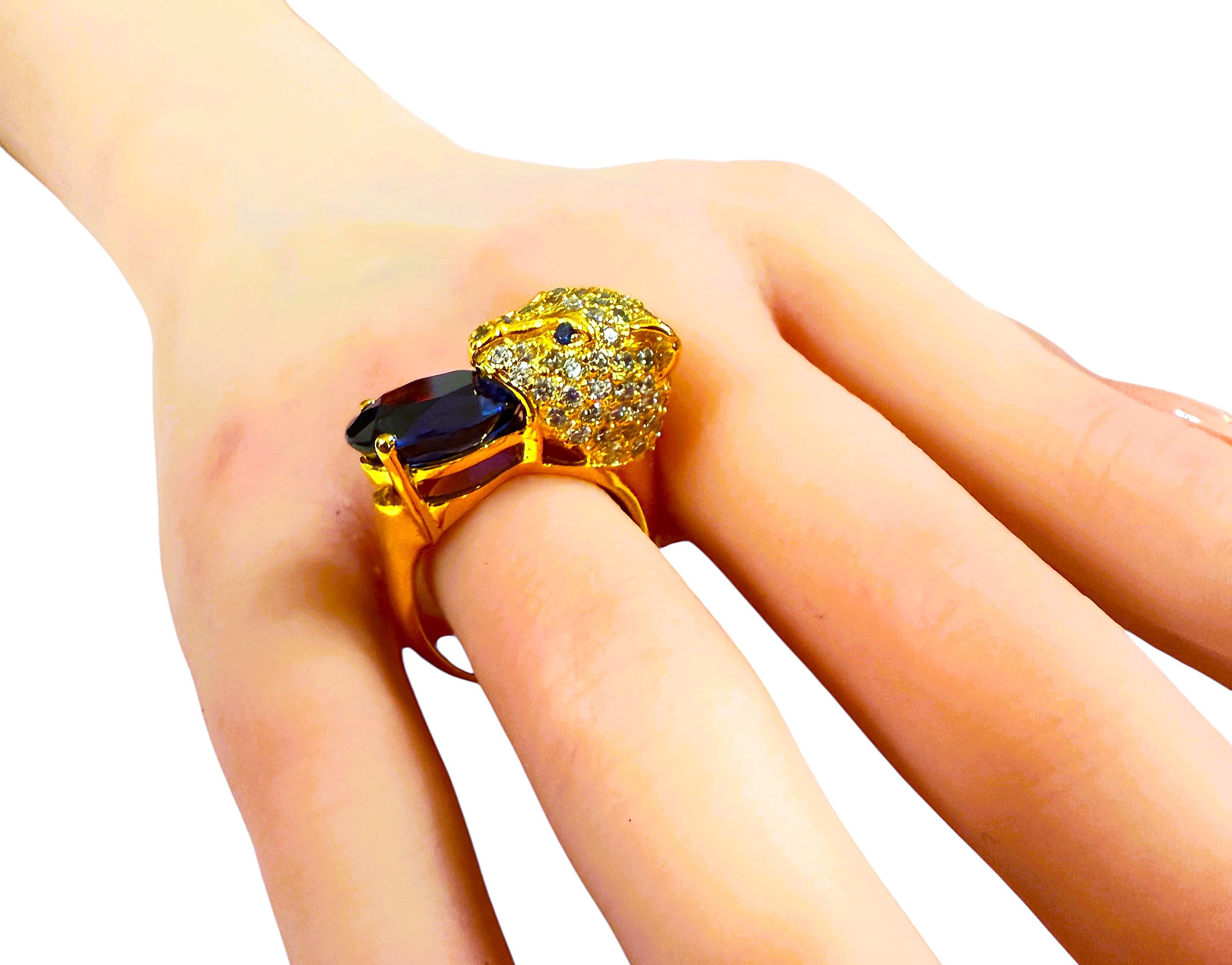 New 9.70 Carat Oval & Diamond Cut Sapphire Leopard Y Gold PL Sterling Ring For Sale 2