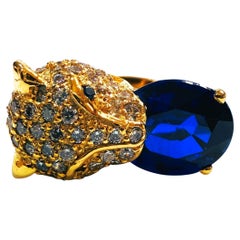 New 9.70 Carat Oval & Diamond Cut Sapphire Leopard Y Gold PL Sterling Ring