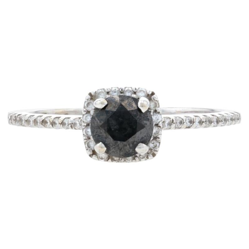 New .98ctw Round Cut Black & White Diamond Ring, 14k White Gold Engagement Halo