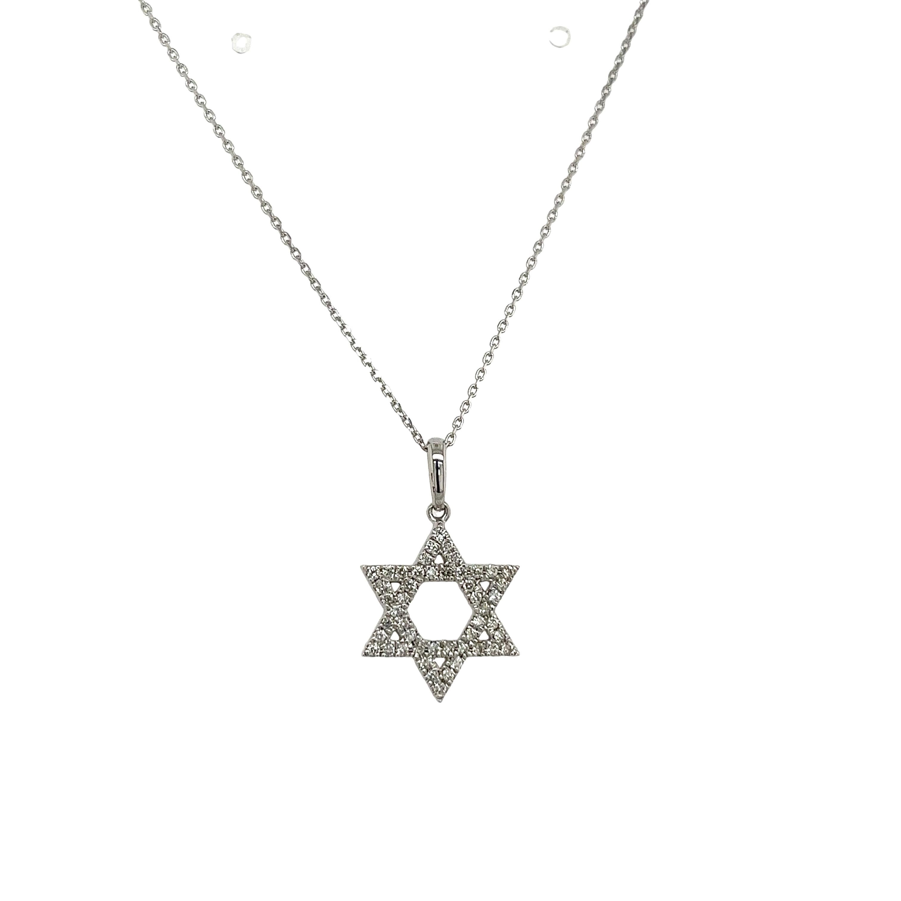 
A 9ct White Gold Diamond Star of David Necklace adorned 
with 0.20ct of diamonds is a beautiful and meaningful piece of jewellery. 
The combination of white gold and diamonds makes this a luxurious 
and elegant piece, suitable for both everyday