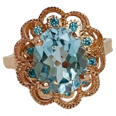 New Aaa Sky Blue Topaz & Cz 14k Rosegold Plated and Sterling  Flower Ring
