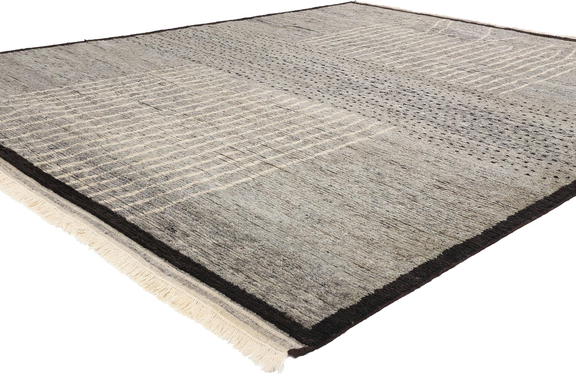 31206 New Dusk Lines Modern Gray Moroccan Rug, 08'02 x 10'01. This hand knotted wool Dusk Lines Modern Gray Moroccan rug is a masterful blend of organic modernism and tribal artistry, evoking the quiet elegance of twilight. Its intriguing
