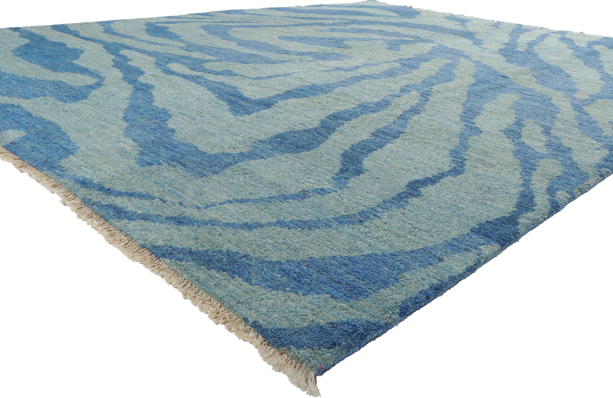 80382 New Abstract Moroccan Rug, 10'06 x 13'04.
Emanating a sea of amorphous swirls with incredible detail and texture, this Moroccan area rug is a captivating vision of woven beauty. The abstract design and blue hues woven into this piece work