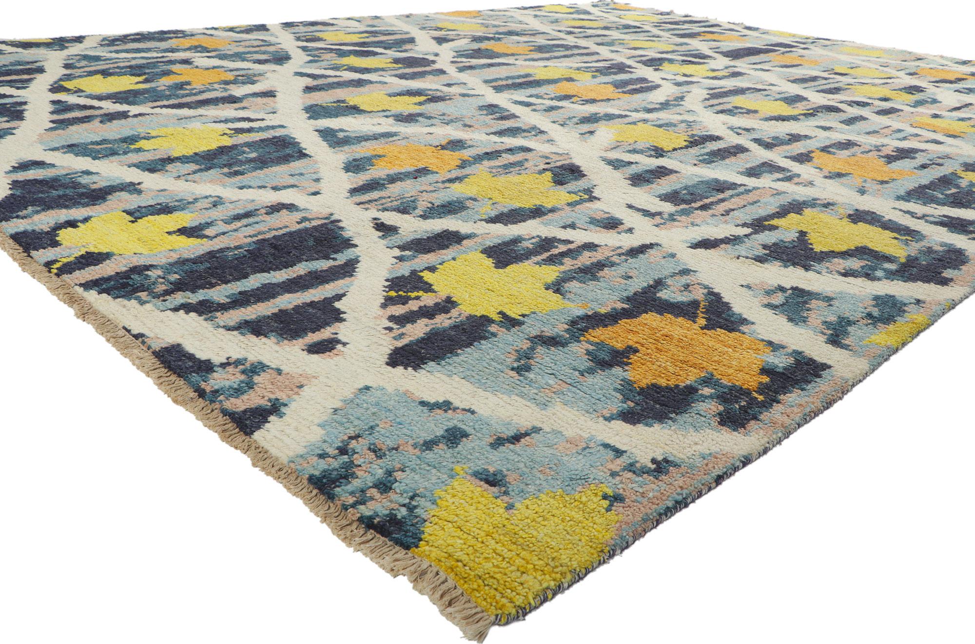 80366 New Abstract Moroccan Area Rug, 10'05 x 13'07. Emanating autumn in the Italian Alps with incredible detail and texture, this hand knotted Moroccan area rug is a captivating vision of woven beauty. The eye-catching Biophilic Design and modern
