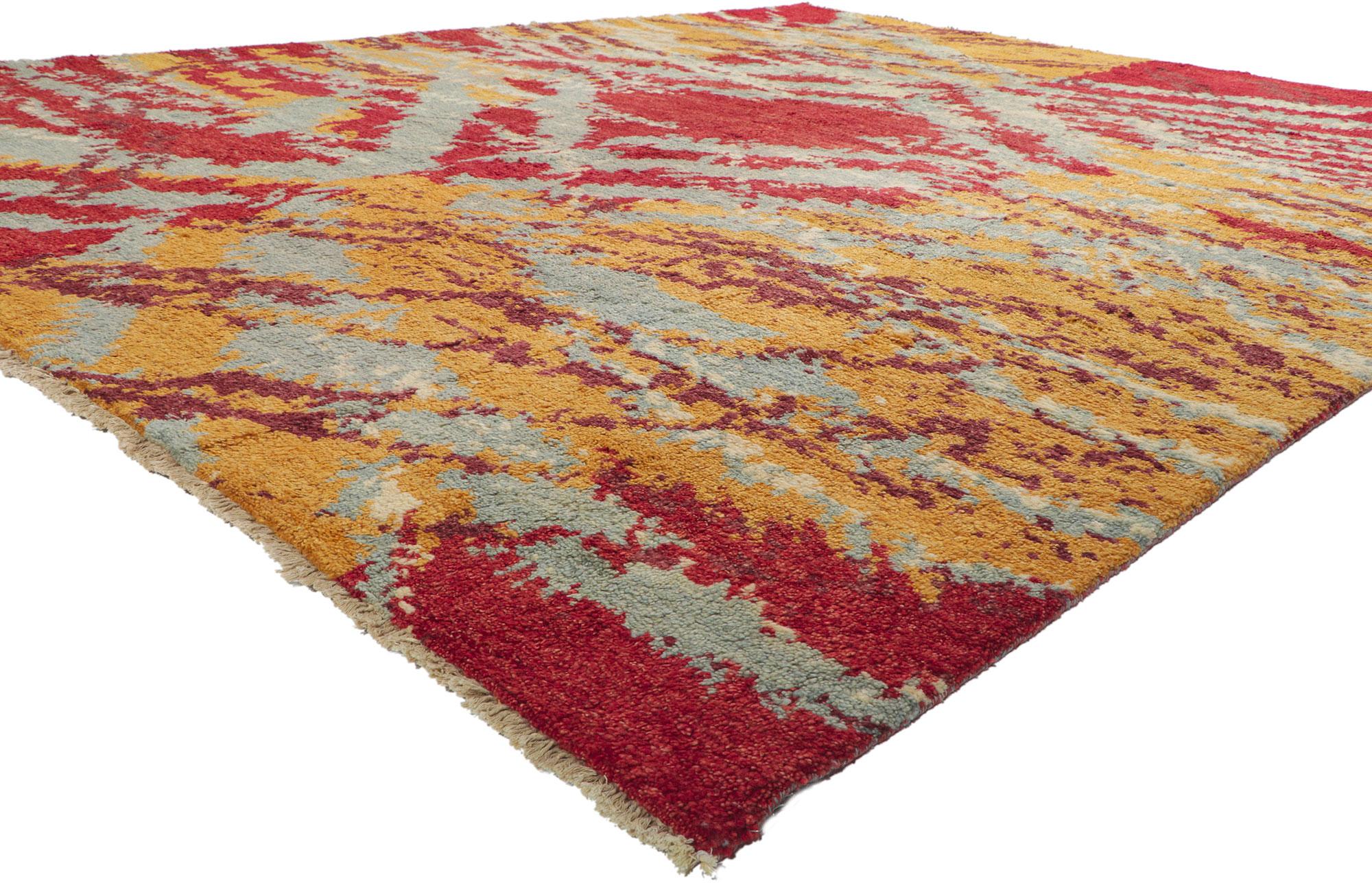 80379 New Abstract Moroccan Rug, 10'04 x 13'01.
Emanating abstract expressionist style with incredible detail and texture, this hand knotted Moroccan area rug is a captivating vision of woven beauty. The spontaneous design and eye-catching colorway