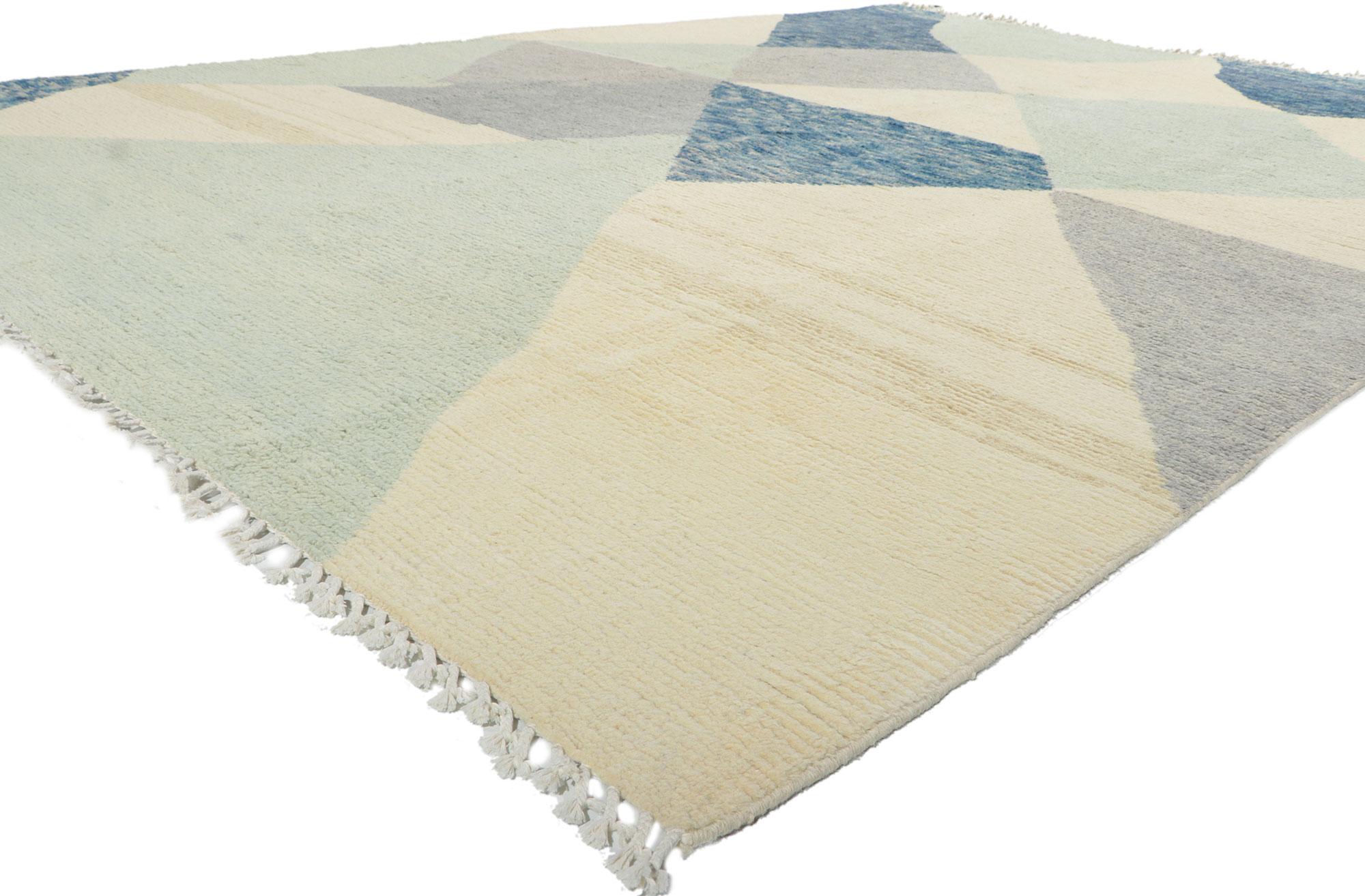 80635 New Abstract Moroccan Area Rug, 08'11 x 12'03.
Emanating modern style with incredible detail and texture, this hand knotted wool abstract Moroccan area rug is a captivating vision of woven beauty. The eye-catching graphic design and blue hues