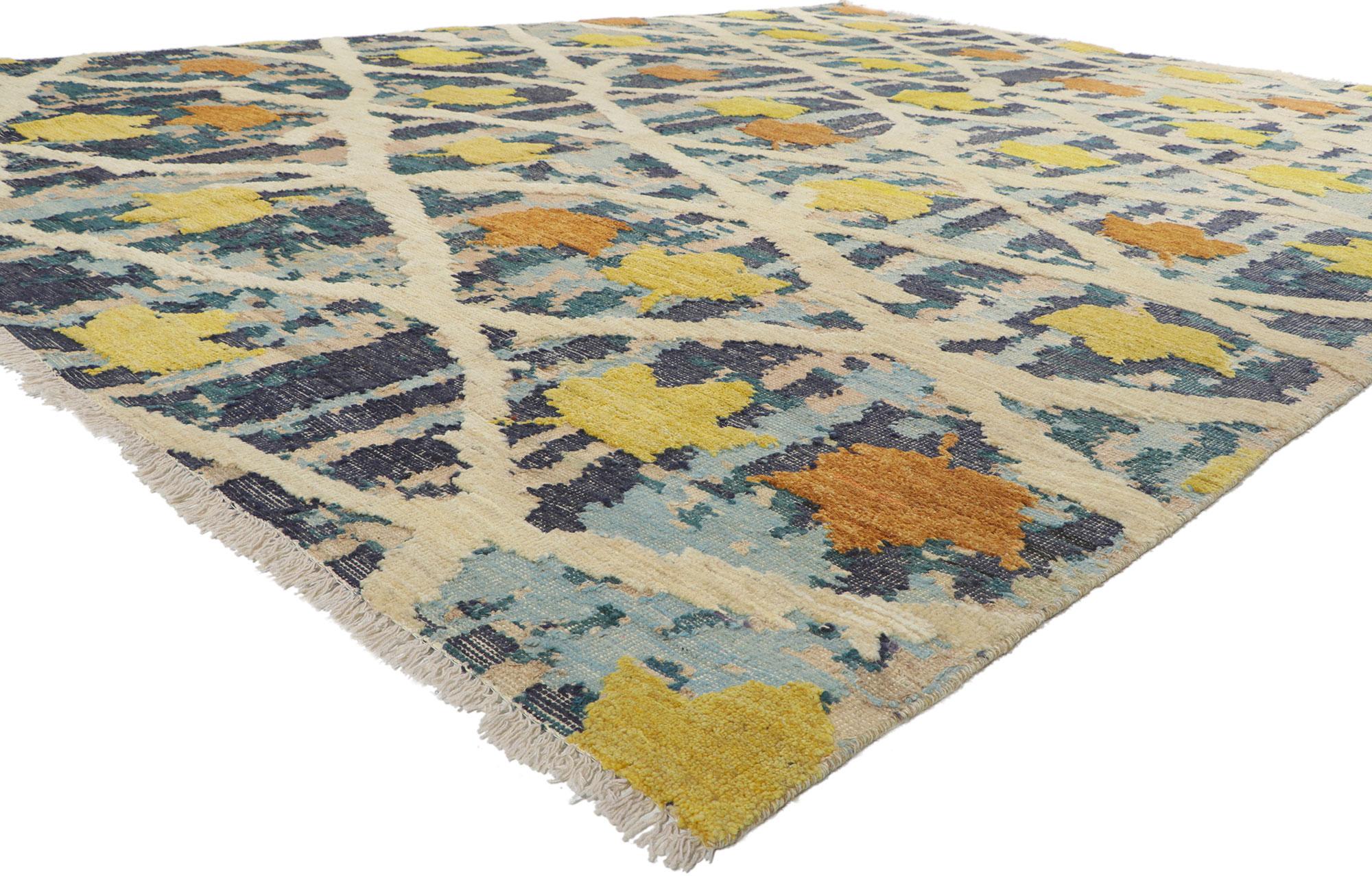 80398 New Abstract Moroccan High-Low Rug, 09’11 x 13’04. Emanating autumn in the Italian Alps with incredible detail and texture, this textured high low rug is a captivating vision of woven beauty. The eye-catching Biophilic Design and modern