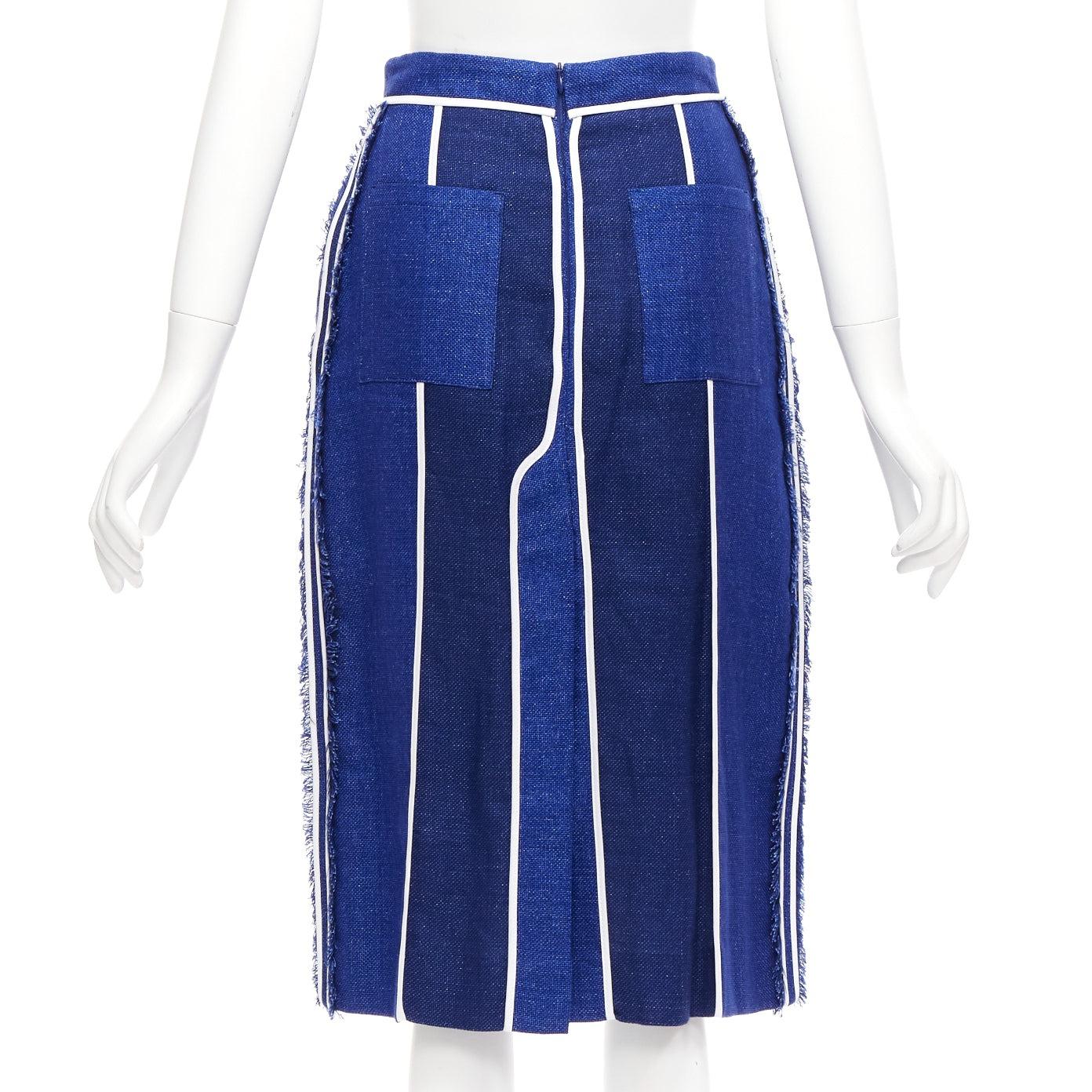Women's new ACNE STUDIOS 2016 Kent Linen blue striped wool slit front midi skirt FR34 XS For Sale