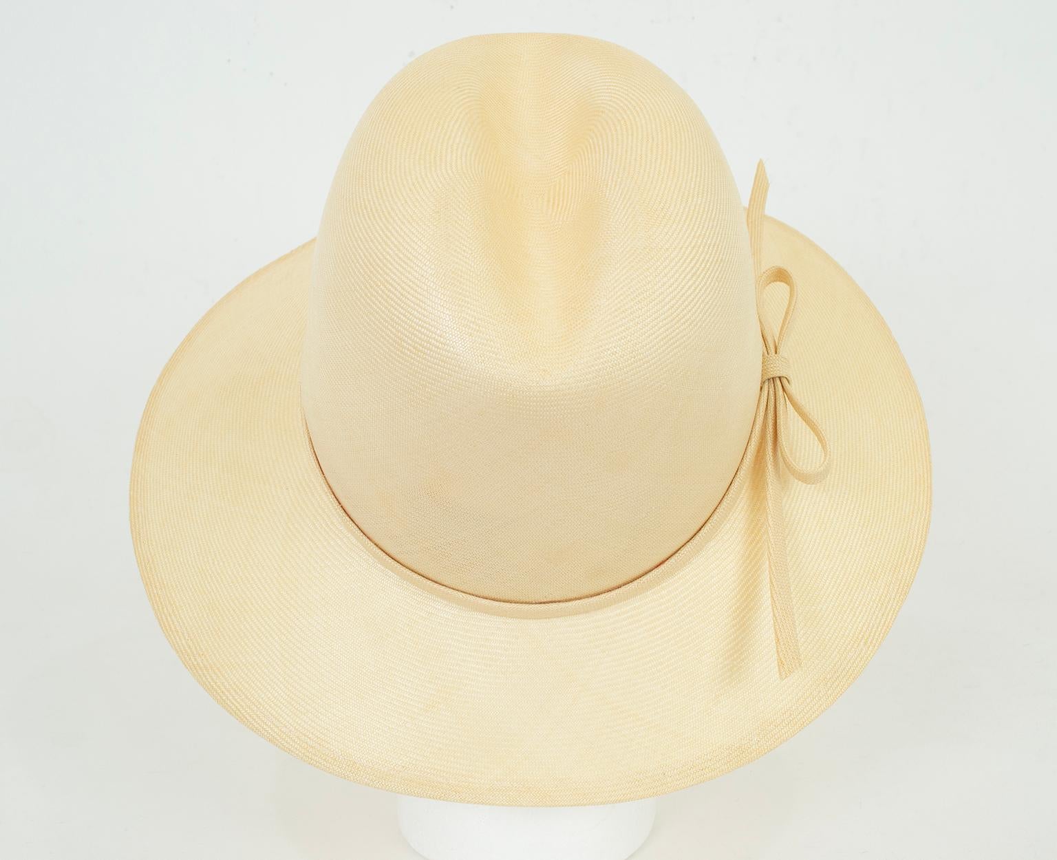 New Adolfo Ivory Straw Wide Brim Panama Fedora Hat w Self Ribbon – M, 1960s In New Condition For Sale In Tucson, AZ