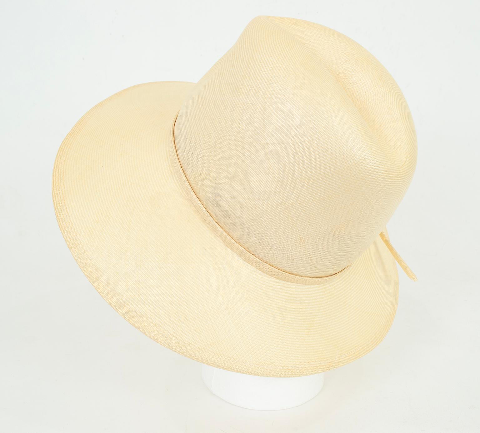 Women's or Men's New Adolfo Ivory Straw Wide Brim Panama Fedora Hat w Self Ribbon – M, 1960s For Sale