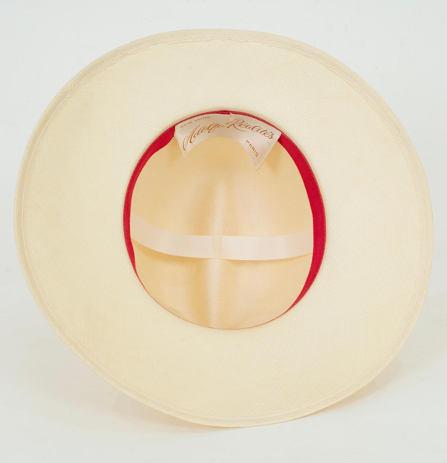 New Adolfo Ivory Straw Wide Brim Panama Fedora Hat w Self Ribbon – M, 1960s For Sale 2