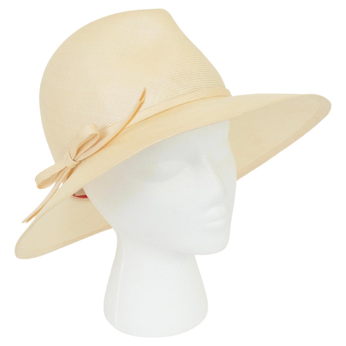 New Adolfo Ivory Straw Wide Brim Panama Fedora Hat w Self Ribbon – M, 1960s For Sale