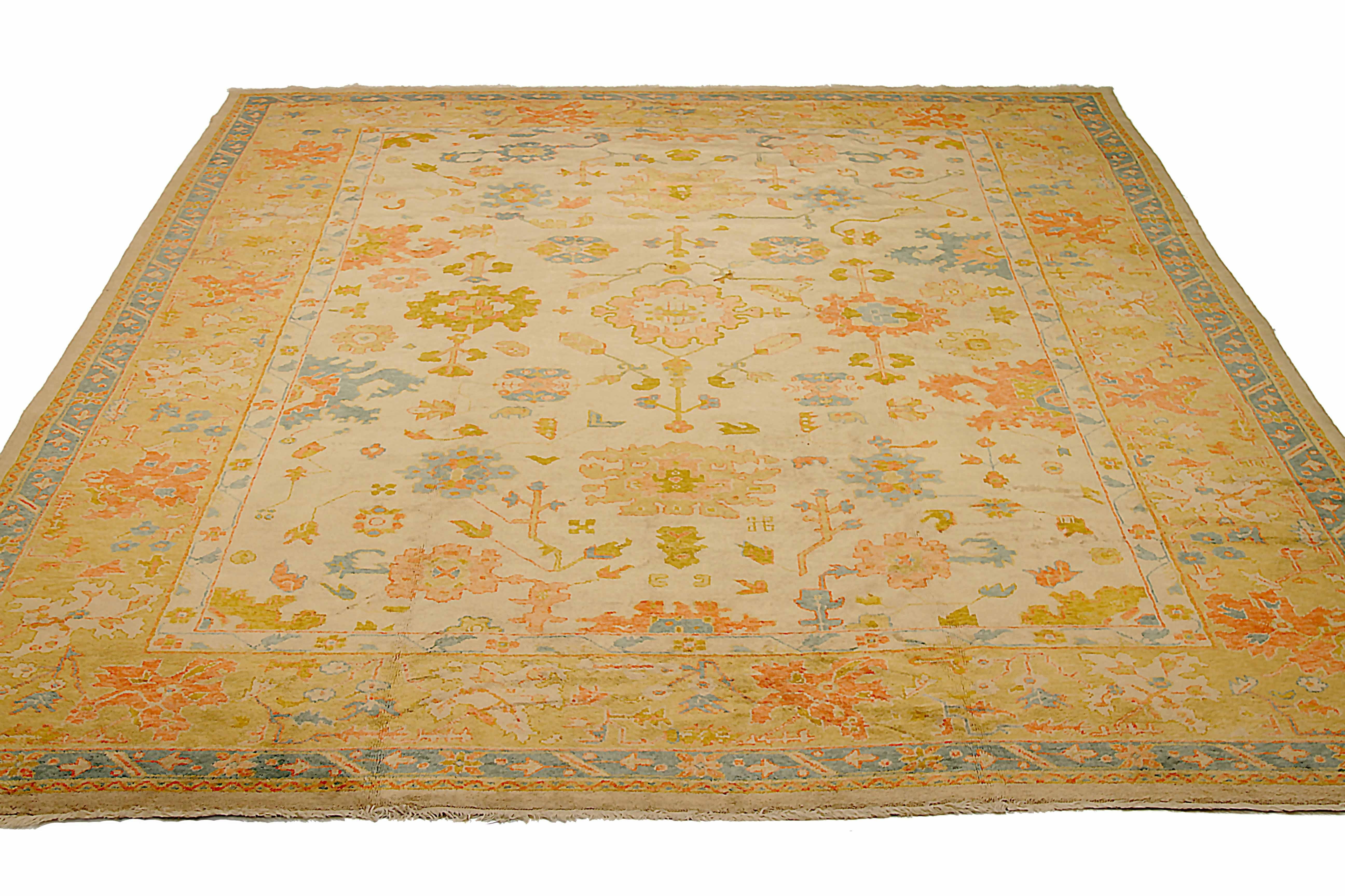 New area rug handwoven from the finest sheep’s wool. It’s colored with all-natural vegetable dyes that are safe for humans and pets. It’s a traditional Oushak design handwoven by expert artisans. It’s a lovely area rug that can be incorporated with