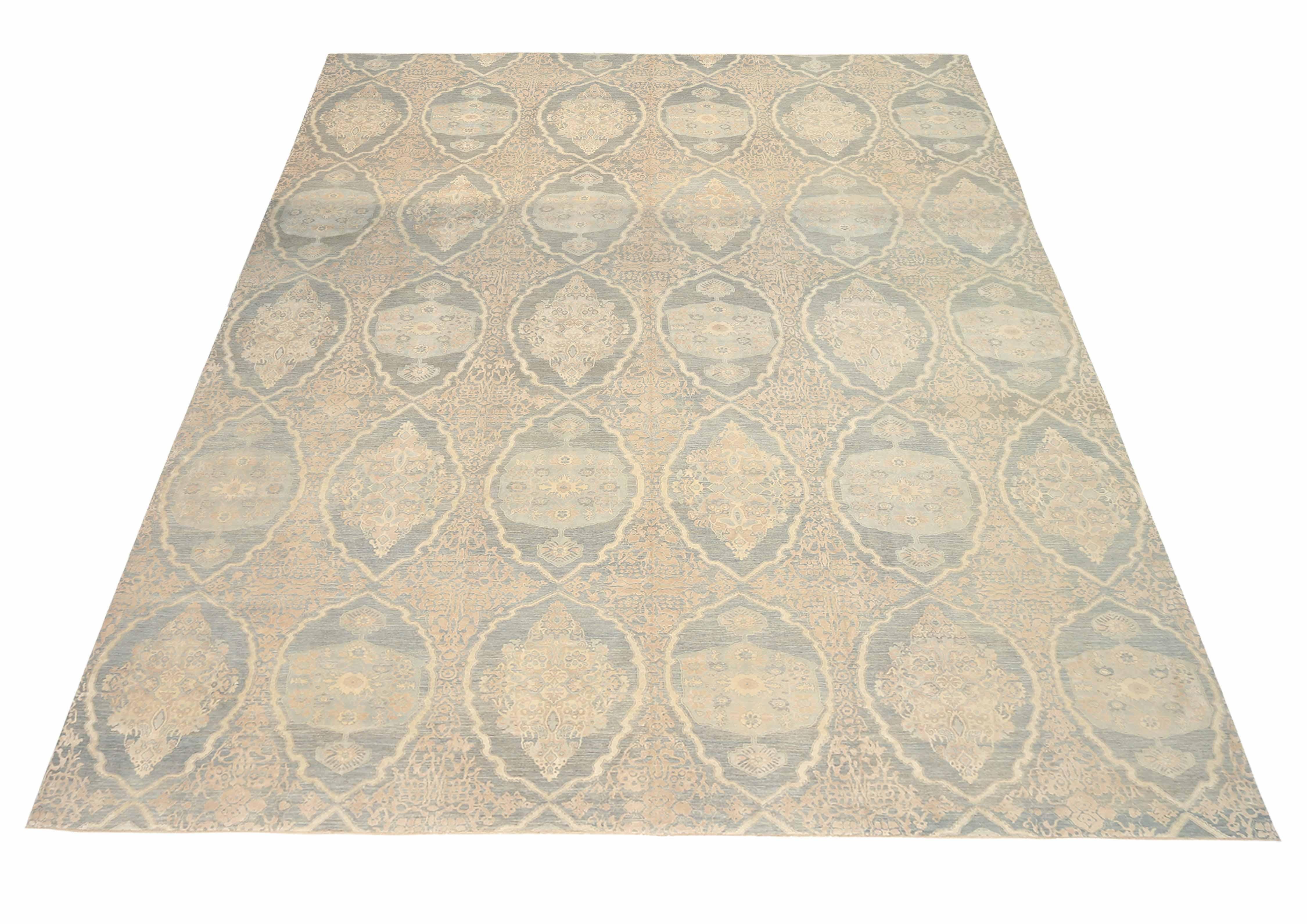 New area rug handwoven from the finest sheep’s wool. It’s colored with all-natural vegetable dyes that are safe for humans and pets. It’s a transitional design handwoven by expert artisans. It’s a lovely area rug that can be incorporated with