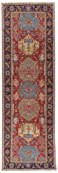 New Afghan Heriz Tribal Hand-Knotted Wool Runner, 3'2"x9'10"