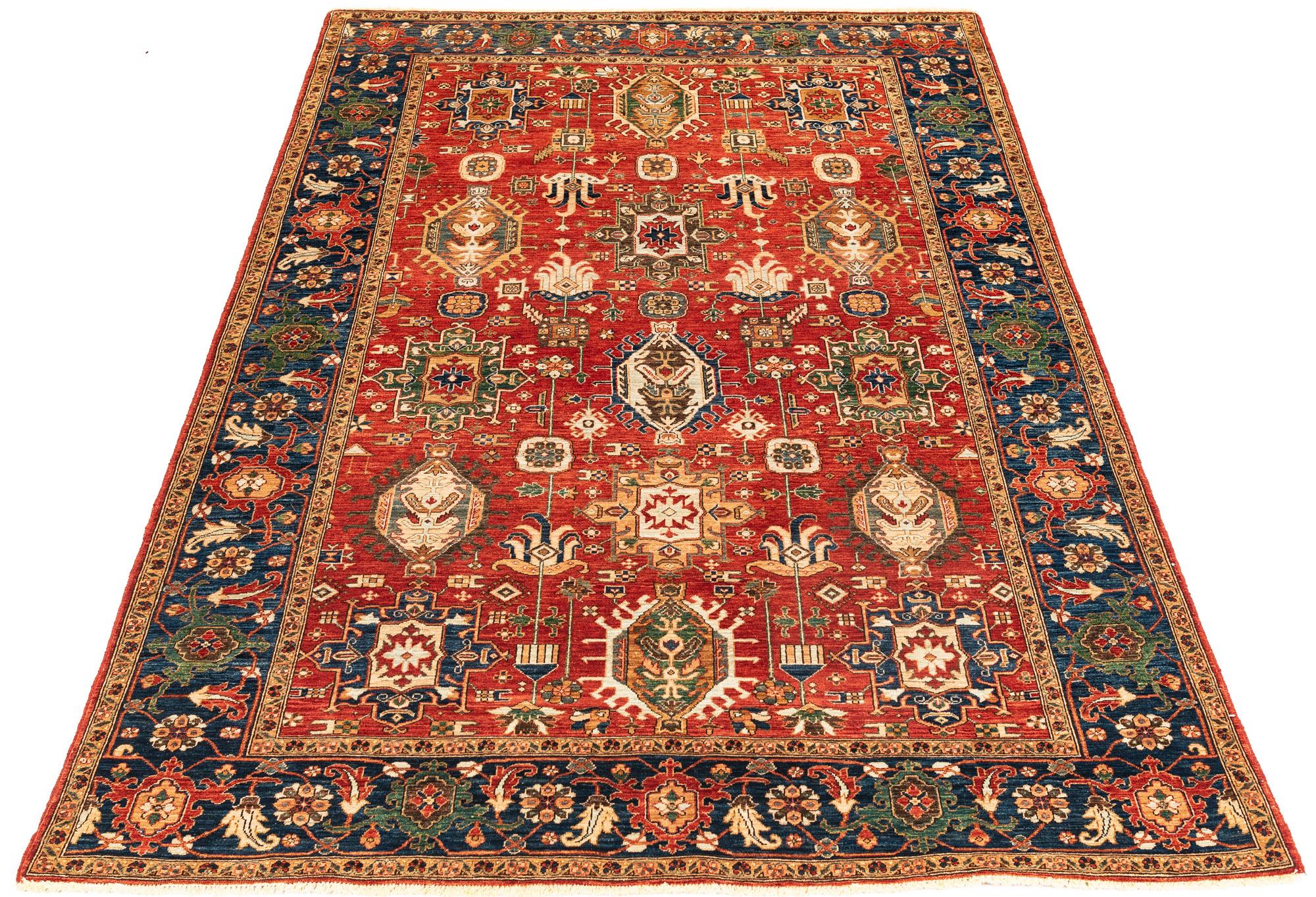 Hand-Knotted New Afghan Karadja Transitional Rug in Rust, Blue, Yellow, and Cream