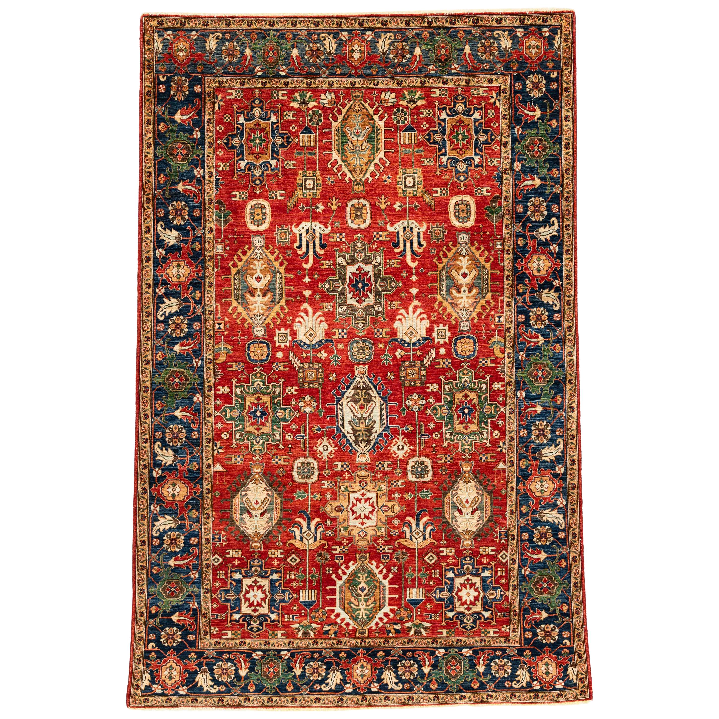 New Afghan Karadja Transitional Rug in Rust, Blue, Yellow, and Cream