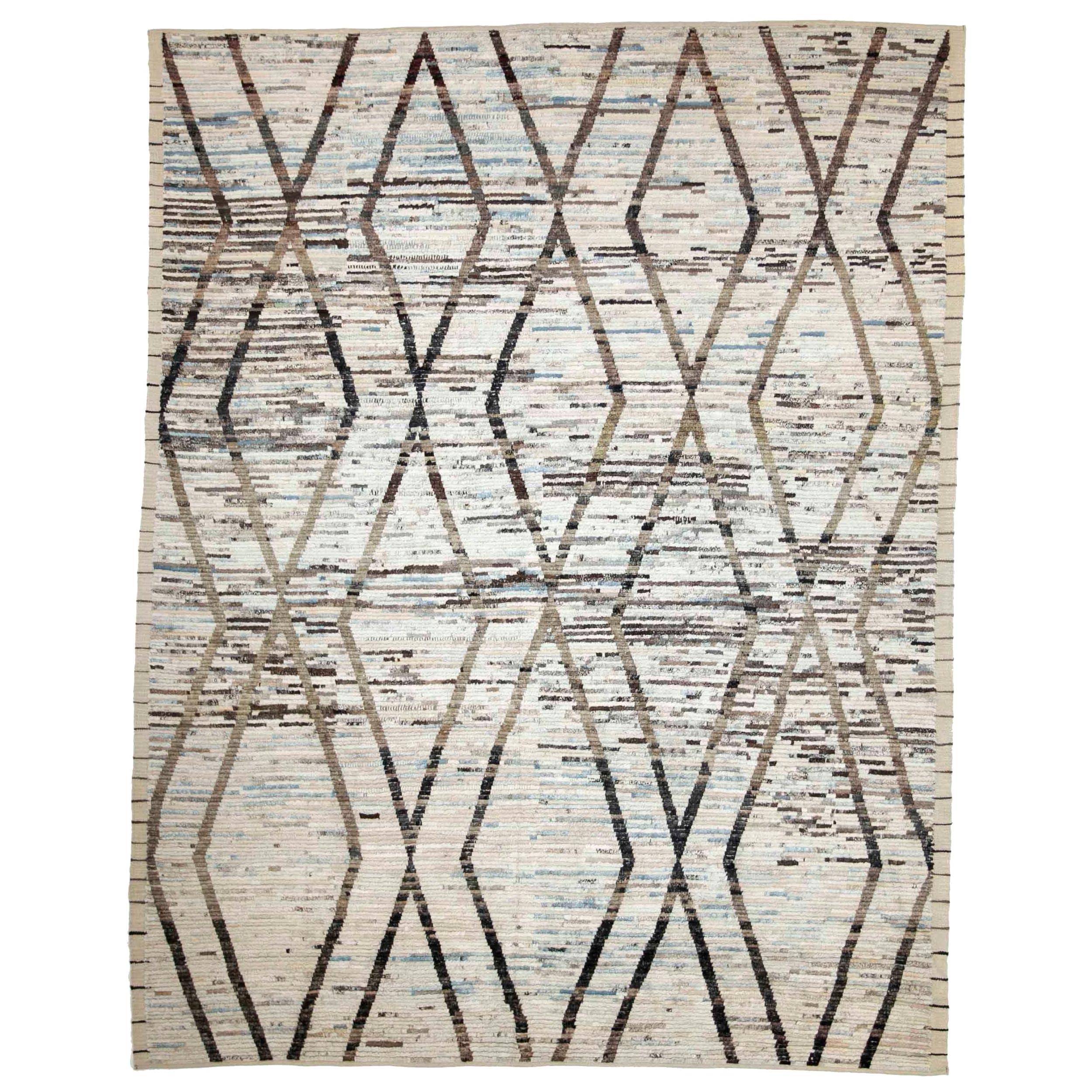 New Afghan Moroccan Style Rug with Black and Brown Tribal Details on Ivory Field For Sale