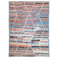 New Afghan Moroccan Style Rug with Colored Streaks & White Lines on Ivory Field