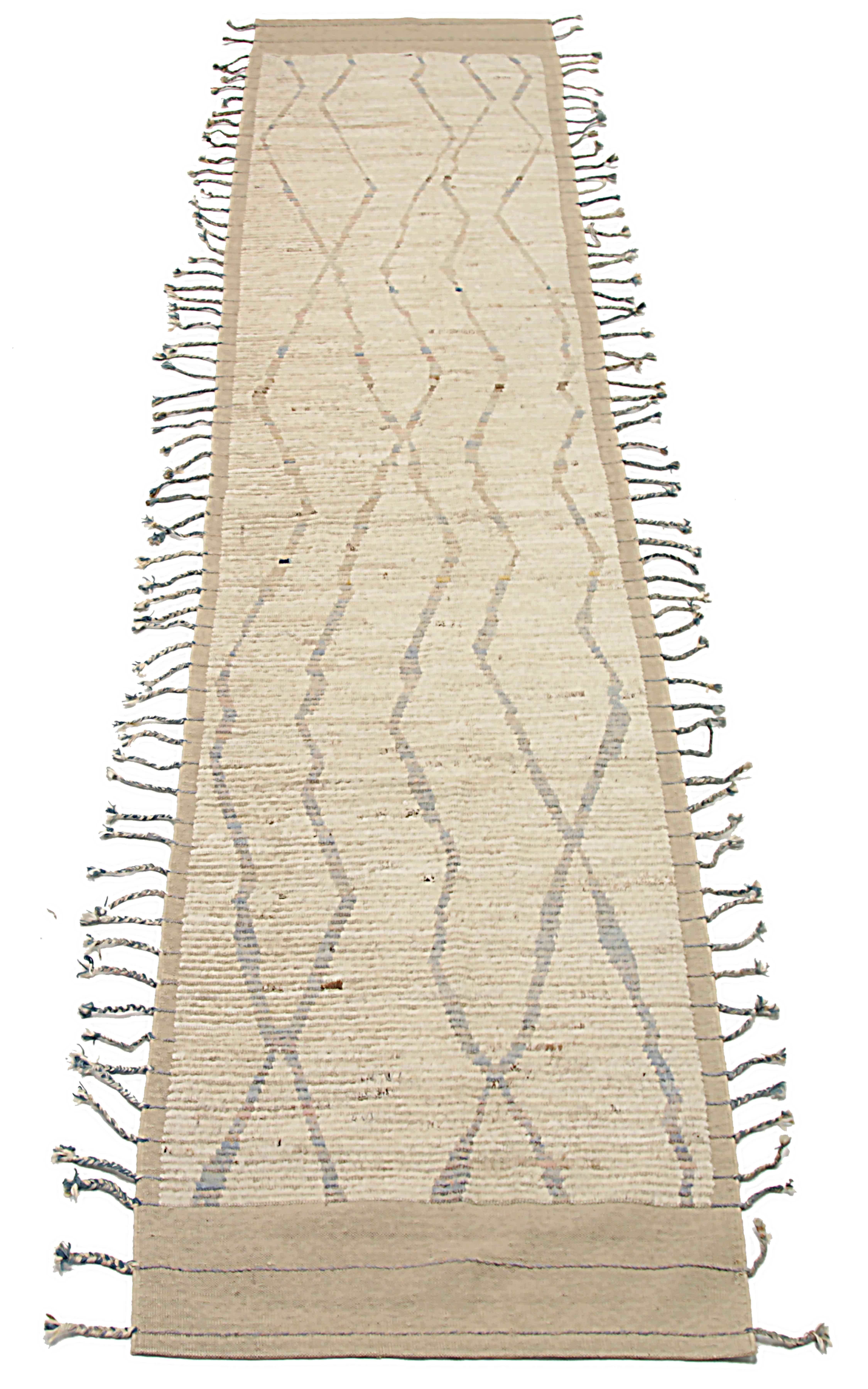 Neuer afghanischer Läufer, handgewebt aus feinster Schafswolle. Es ist mit natürlichen pflanzlichen Farbstoffen gefärbt, die für Menschen und Haustiere sicher sind. Es handelt sich um ein traditionelles marokkanisches Design, das von erfahrenen