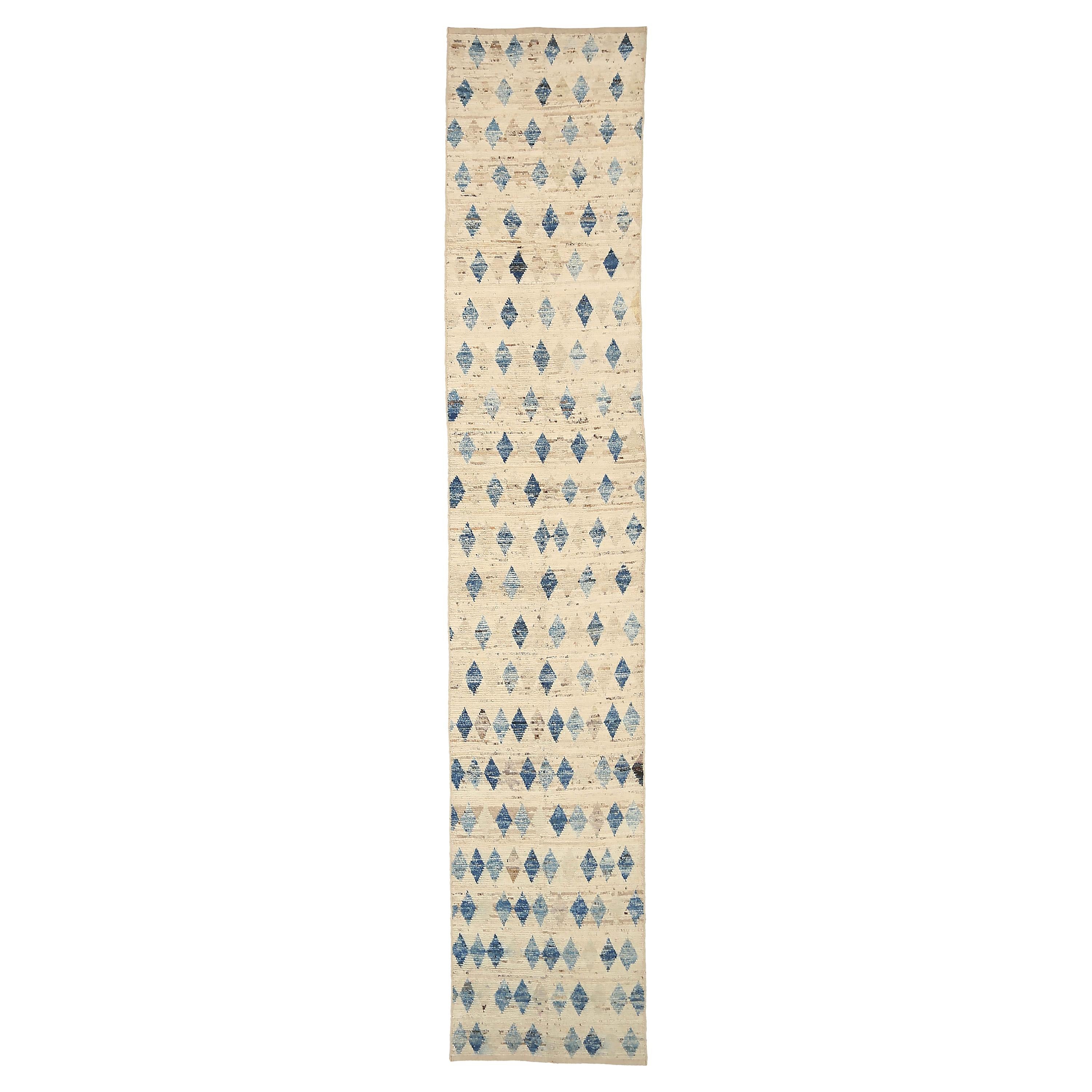 Afghanistan Moroccan Runner Rug Circa 1990 - Wool Blue Ivory Design - 92296
