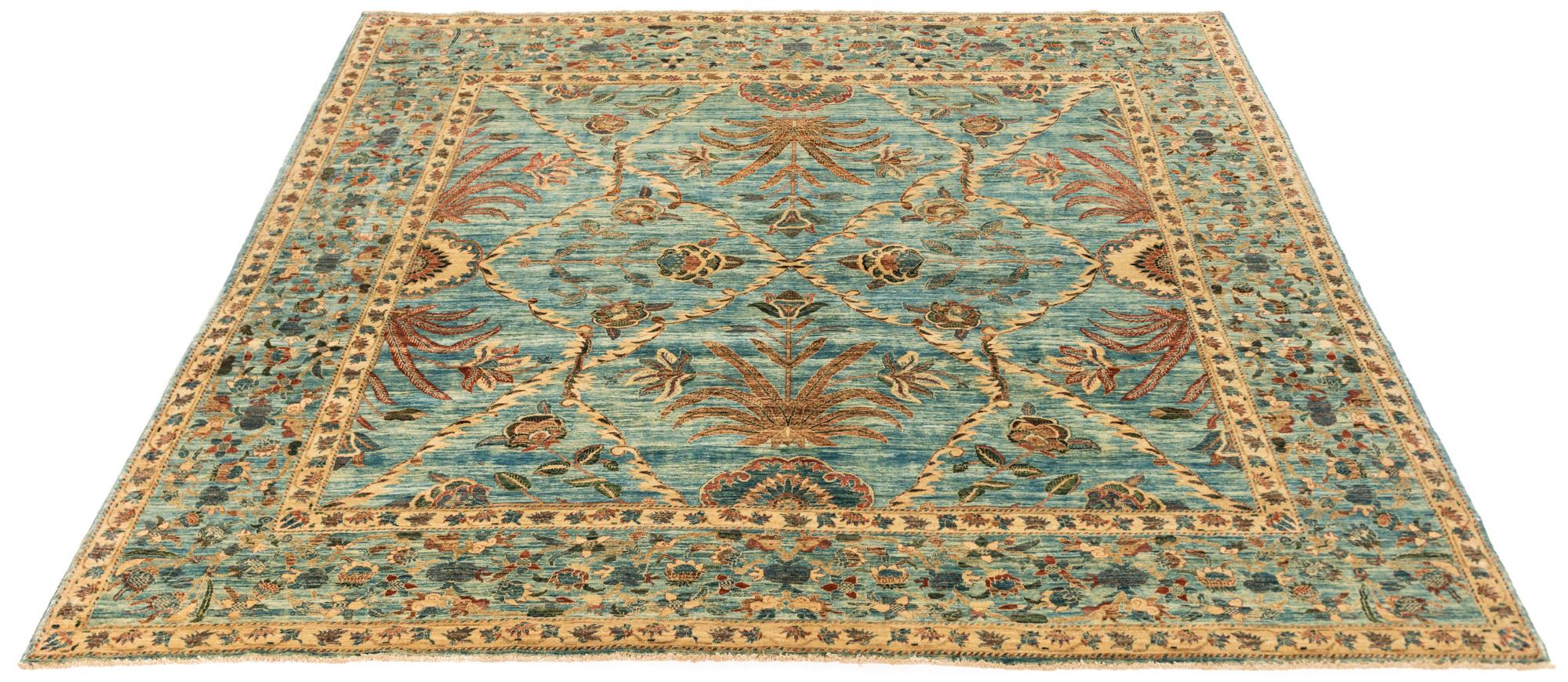 Hand-Knotted New Afghan Transitional Delicate Floral Design Rug with a Light Blue Main Field