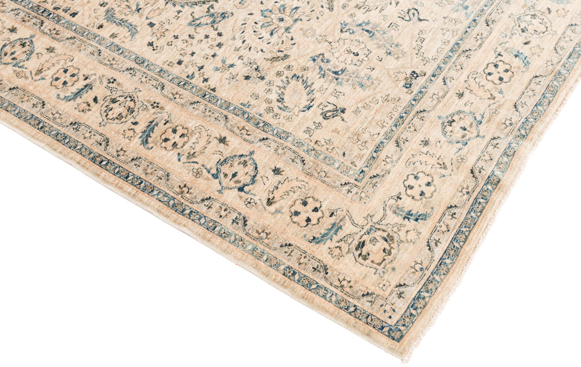 Hand-Knotted New Afghan Transitional Rug Handwoven with Ivory and Blue Wool