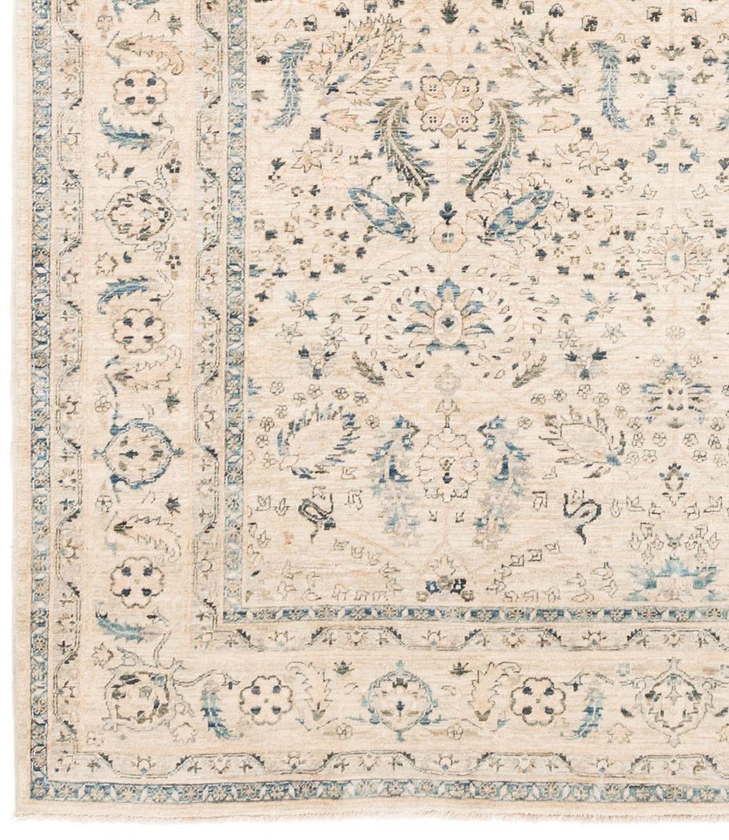 New Afghan Transitional Rug Handwoven with Ivory and Blue Wool In New Condition In Evanston, IL
